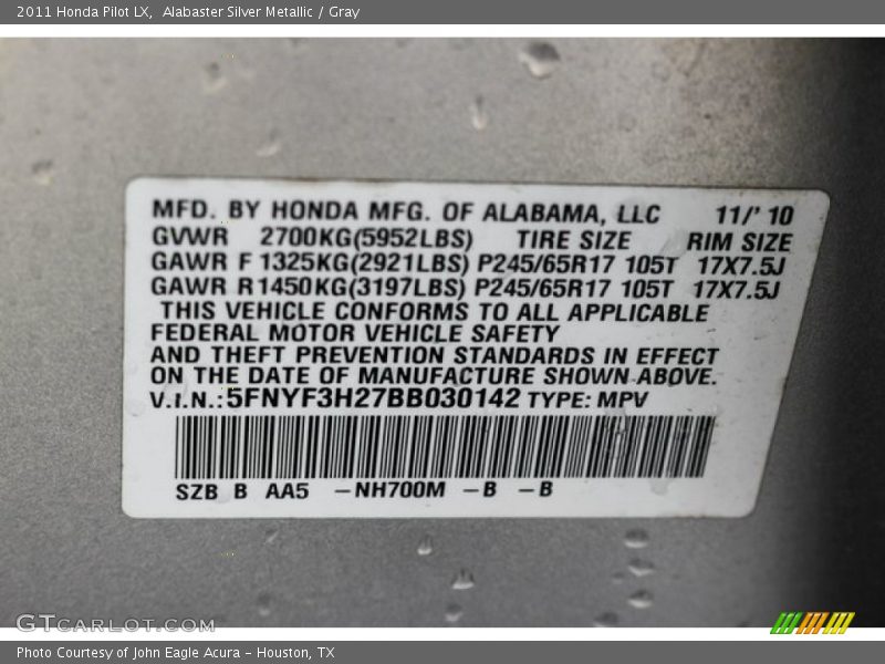 Alabaster Silver Metallic / Gray 2011 Honda Pilot LX