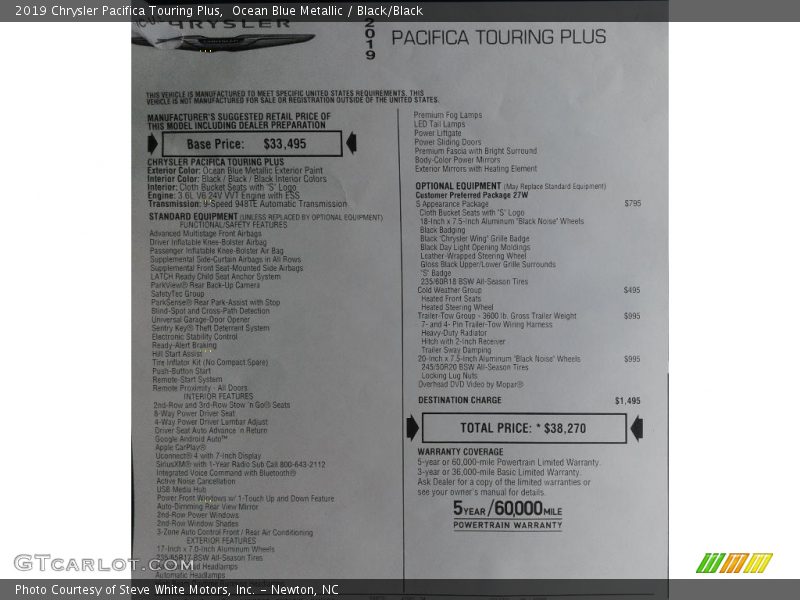 Ocean Blue Metallic / Black/Black 2019 Chrysler Pacifica Touring Plus