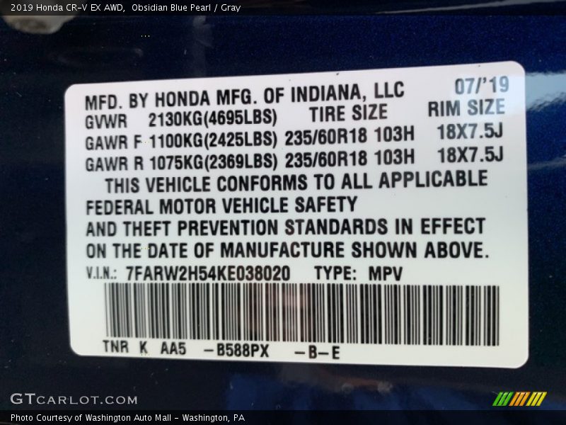 Obsidian Blue Pearl / Gray 2019 Honda CR-V EX AWD