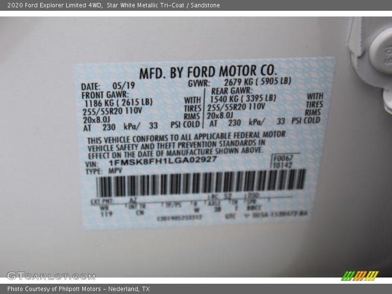 2020 Explorer Limited 4WD Star White Metallic Tri-Coat Color Code AZ