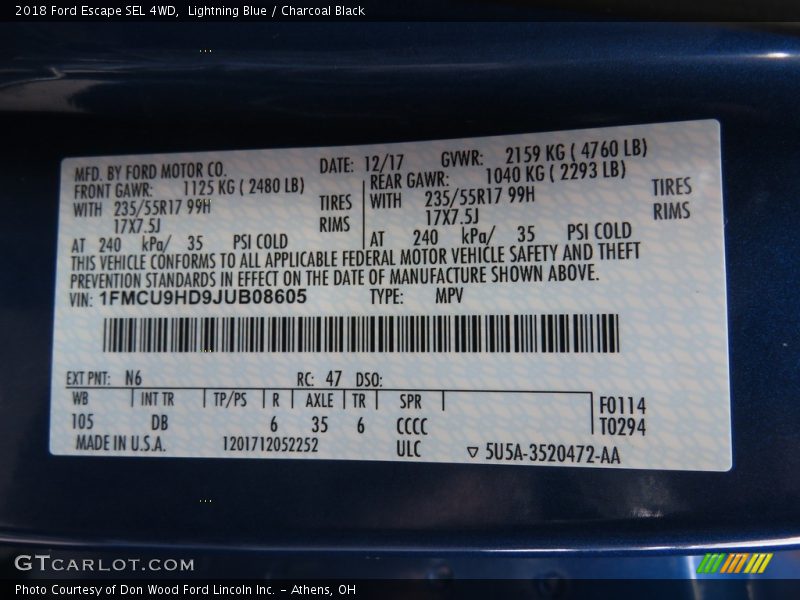 Lightning Blue / Charcoal Black 2018 Ford Escape SEL 4WD