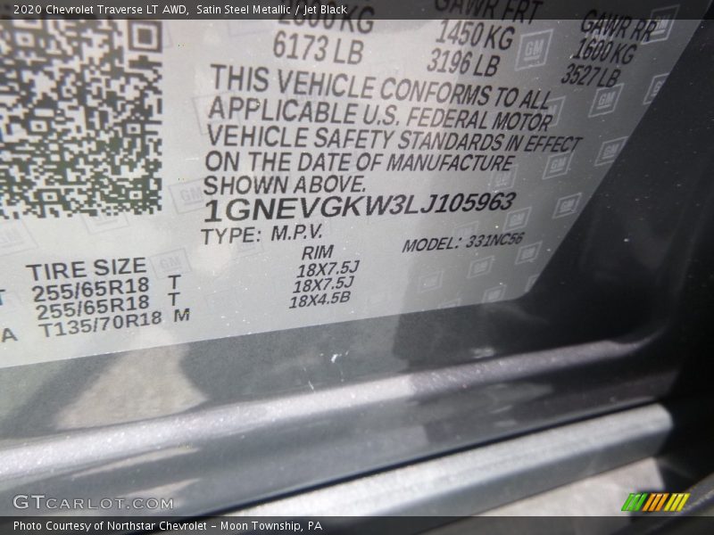 Satin Steel Metallic / Jet Black 2020 Chevrolet Traverse LT AWD