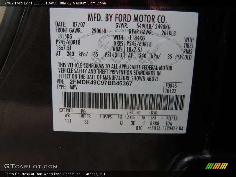 Black / Medium Light Stone 2007 Ford Edge SEL Plus AWD