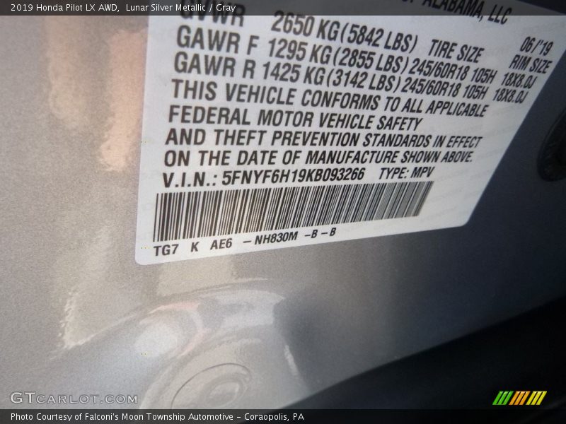Lunar Silver Metallic / Gray 2019 Honda Pilot LX AWD