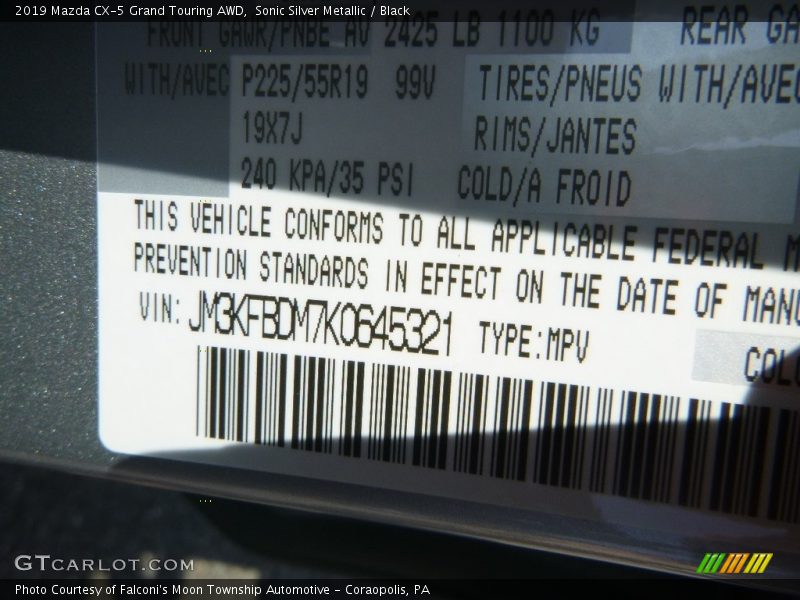 Sonic Silver Metallic / Black 2019 Mazda CX-5 Grand Touring AWD