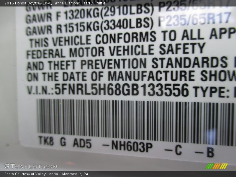 White Diamond Pearl / Truffle 2016 Honda Odyssey EX-L