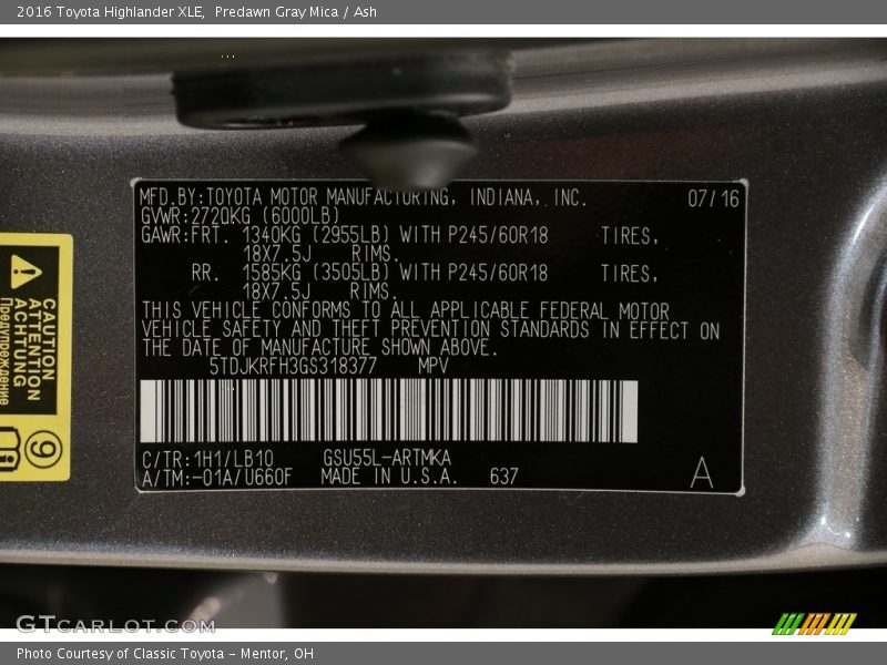 Predawn Gray Mica / Ash 2016 Toyota Highlander XLE