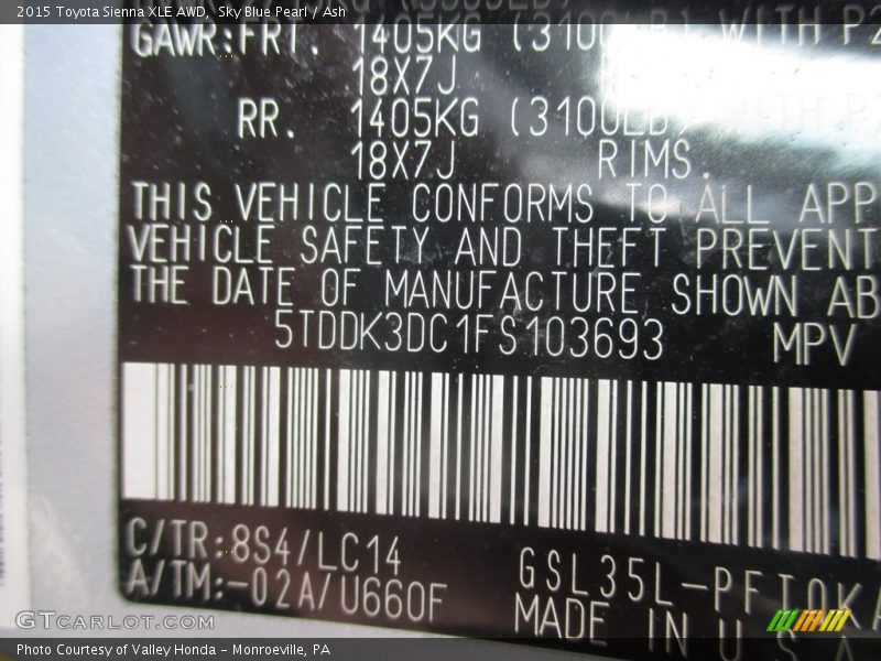 Sky Blue Pearl / Ash 2015 Toyota Sienna XLE AWD