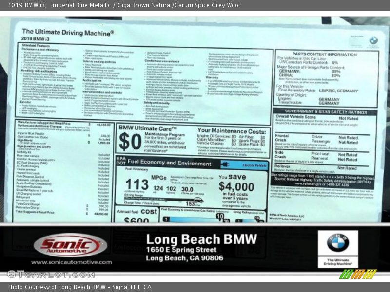 Imperial Blue Metallic / Giga Brown Natural/Carum Spice Grey Wool 2019 BMW i3