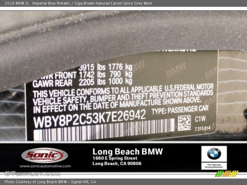 Imperial Blue Metallic / Giga Brown Natural/Carum Spice Grey Wool 2019 BMW i3