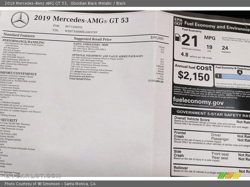  2019 AMG GT 53 Window Sticker