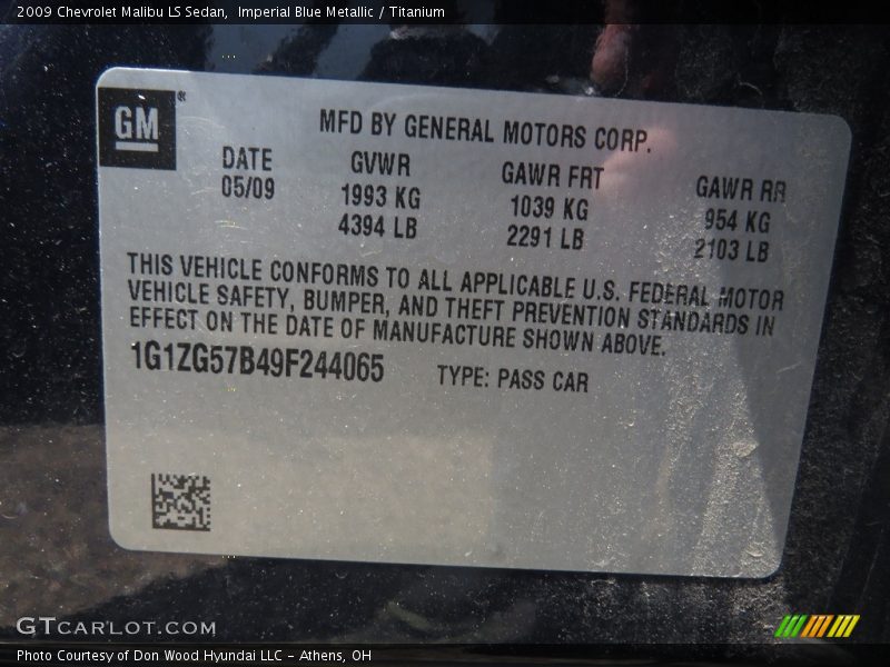 Imperial Blue Metallic / Titanium 2009 Chevrolet Malibu LS Sedan