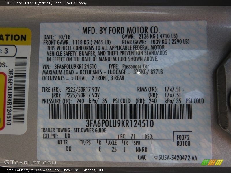 Ingot Silver / Ebony 2019 Ford Fusion Hybrid SE