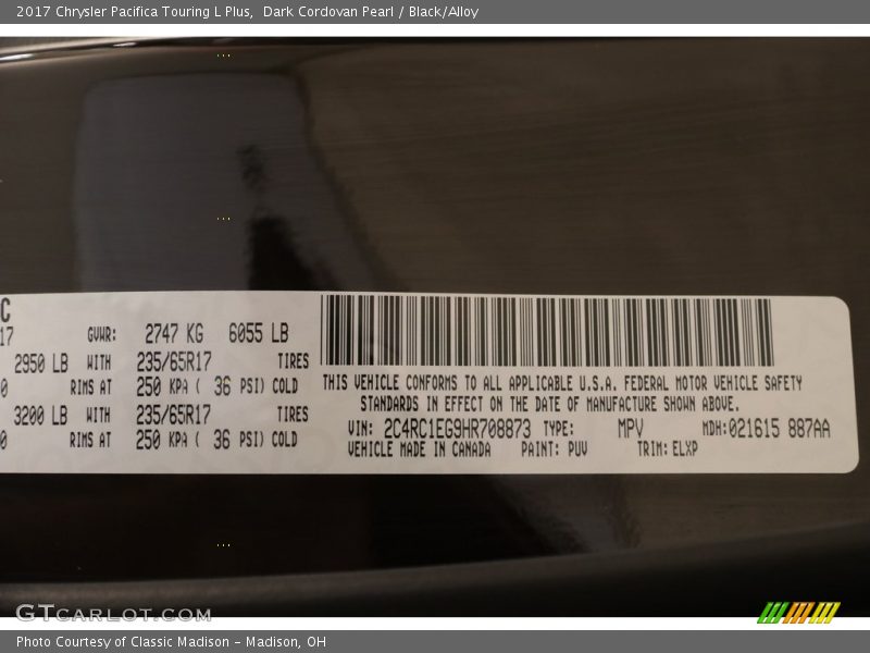 Dark Cordovan Pearl / Black/Alloy 2017 Chrysler Pacifica Touring L Plus