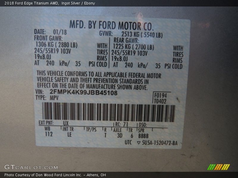 Ingot Silver / Ebony 2018 Ford Edge Titanium AWD