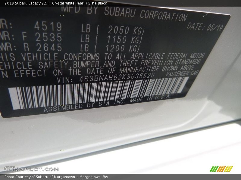 Crystal White Pearl / Slate Black 2019 Subaru Legacy 2.5i