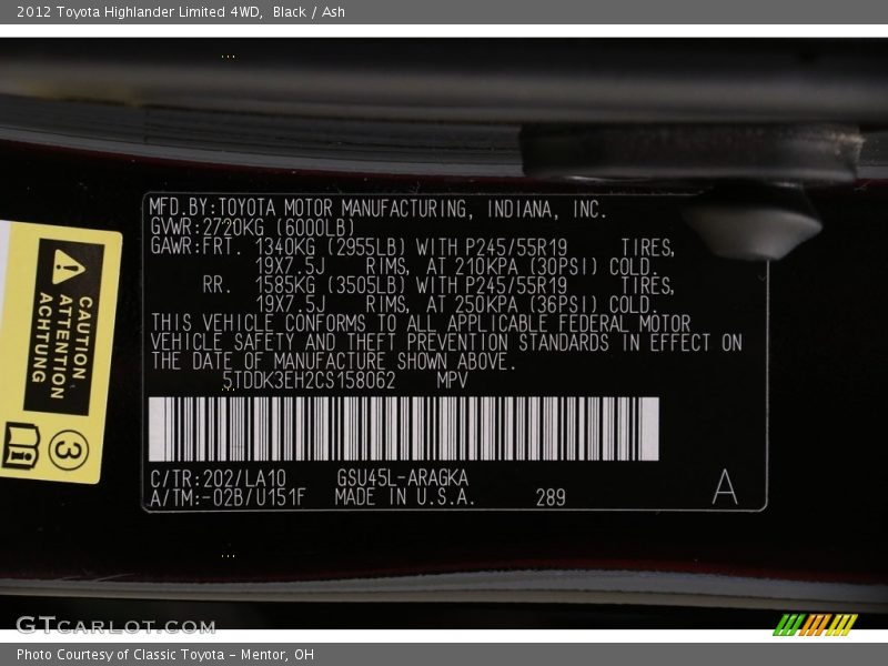 Black / Ash 2012 Toyota Highlander Limited 4WD