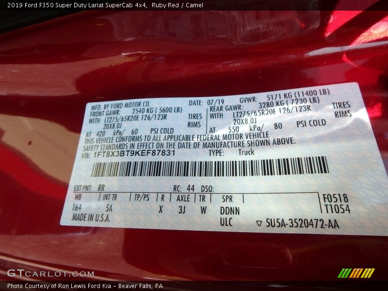 2019 F350 Super Duty Lariat SuperCab 4x4 Ruby Red Color Code RR
