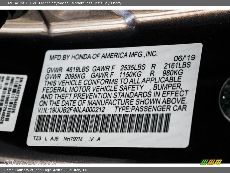 2020 TLX V6 Technology Sedan Modern Steel Metallic Color Code NH797M