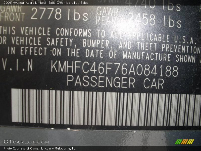 Sage Green Metallic / Beige 2006 Hyundai Azera Limited