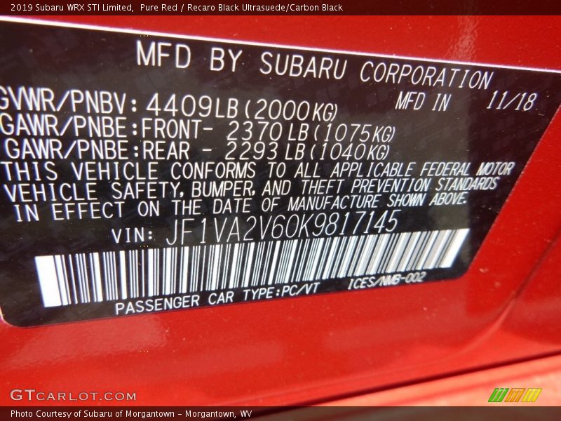 Pure Red / Recaro Black Ultrasuede/Carbon Black 2019 Subaru WRX STI Limited