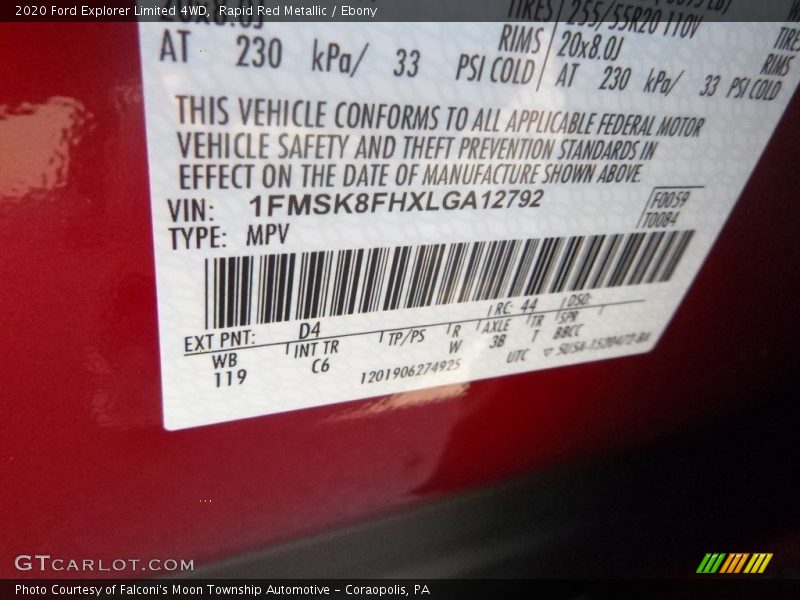 2020 Explorer Limited 4WD Rapid Red Metallic Color Code D4