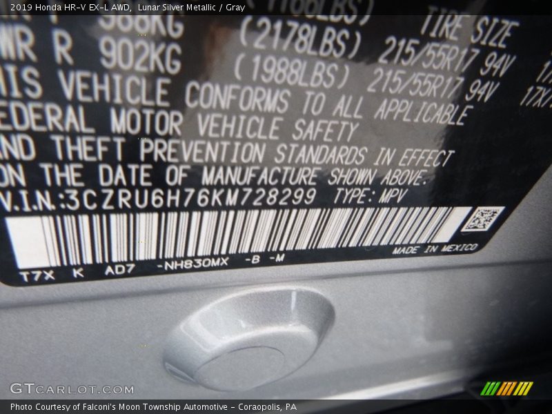 Lunar Silver Metallic / Gray 2019 Honda HR-V EX-L AWD