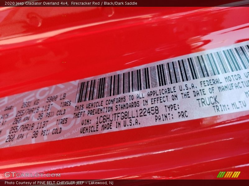2020 Gladiator Overland 4x4 Firecracker Red Color Code PRC