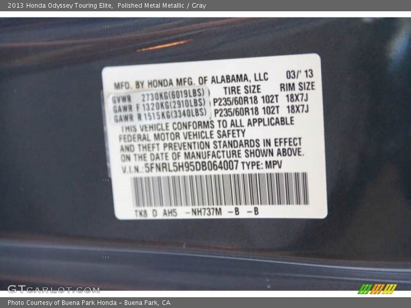 Polished Metal Metallic / Gray 2013 Honda Odyssey Touring Elite