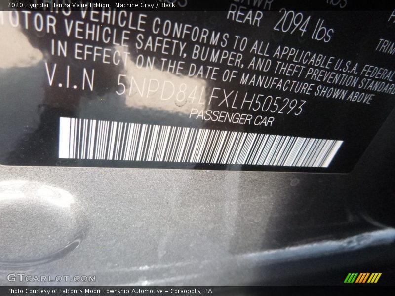 Machine Gray / Black 2020 Hyundai Elantra Value Edition