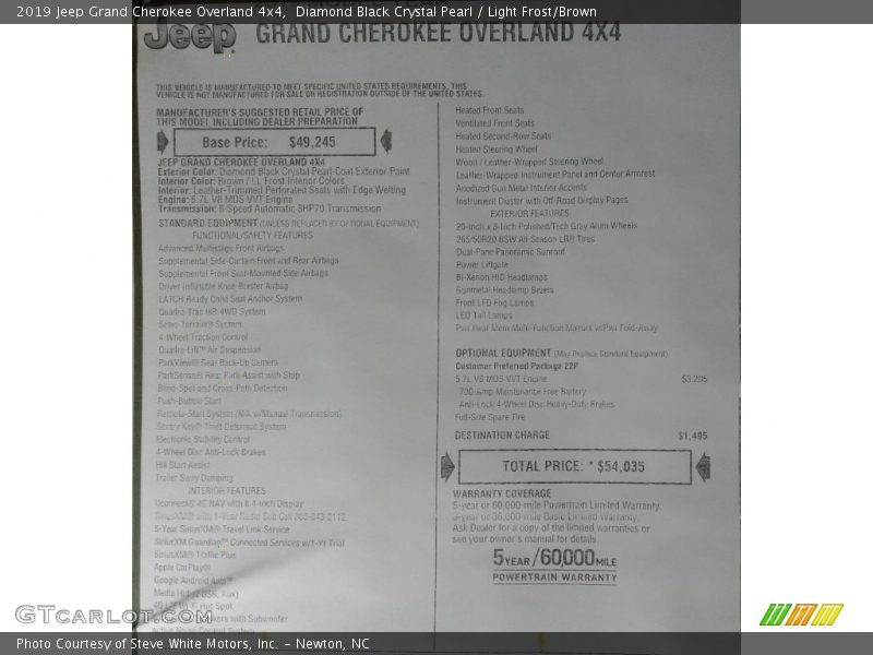 Diamond Black Crystal Pearl / Light Frost/Brown 2019 Jeep Grand Cherokee Overland 4x4