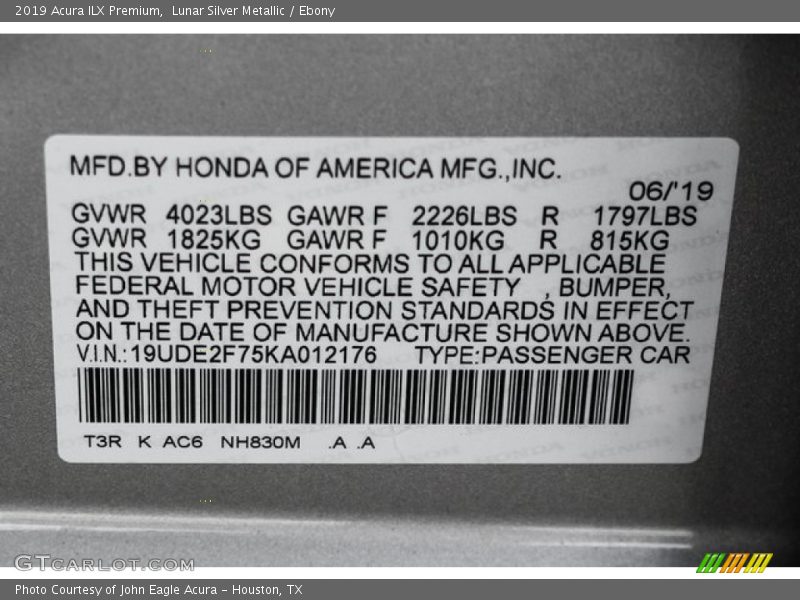 2019 ILX Premium Lunar Silver Metallic Color Code NH830M
