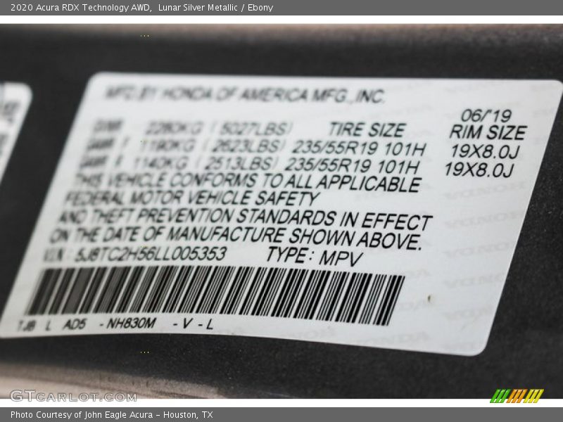 2020 RDX Technology AWD Lunar Silver Metallic Color Code NH830M