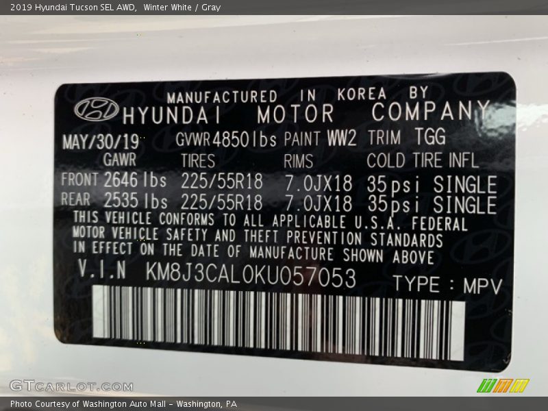 Winter White / Gray 2019 Hyundai Tucson SEL AWD