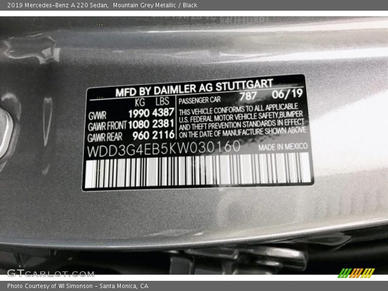 Mountain Grey Metallic / Black 2019 Mercedes-Benz A 220 Sedan