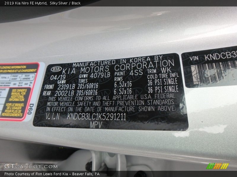 2019 Niro FE Hybrid Silky Silver Color Code 4SS