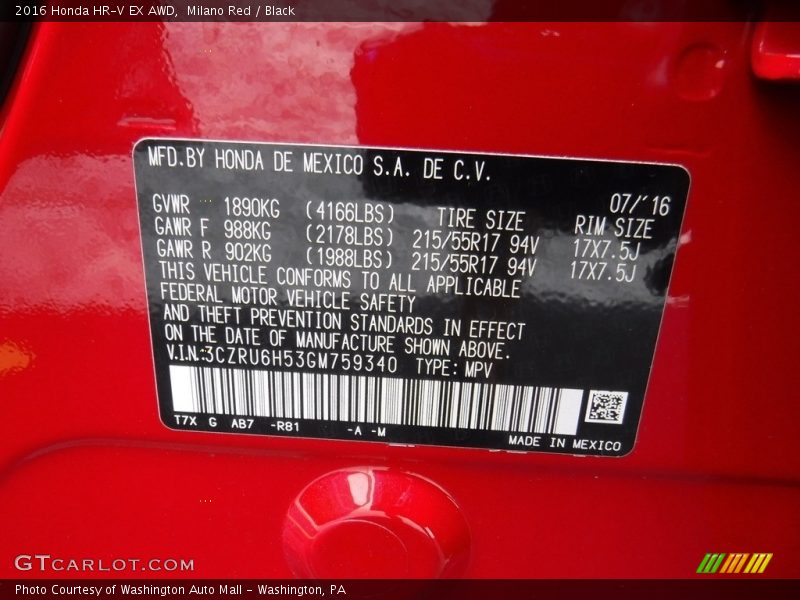 Milano Red / Black 2016 Honda HR-V EX AWD
