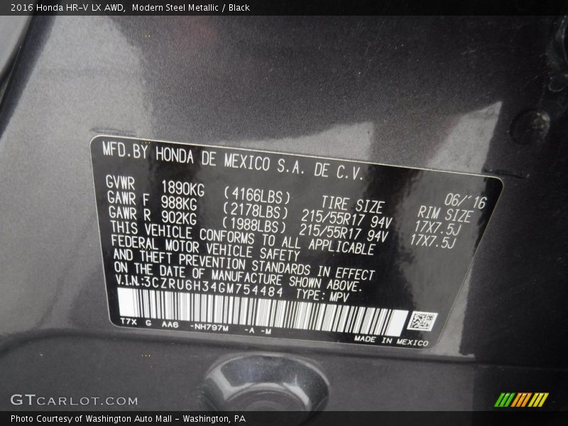 Modern Steel Metallic / Black 2016 Honda HR-V LX AWD