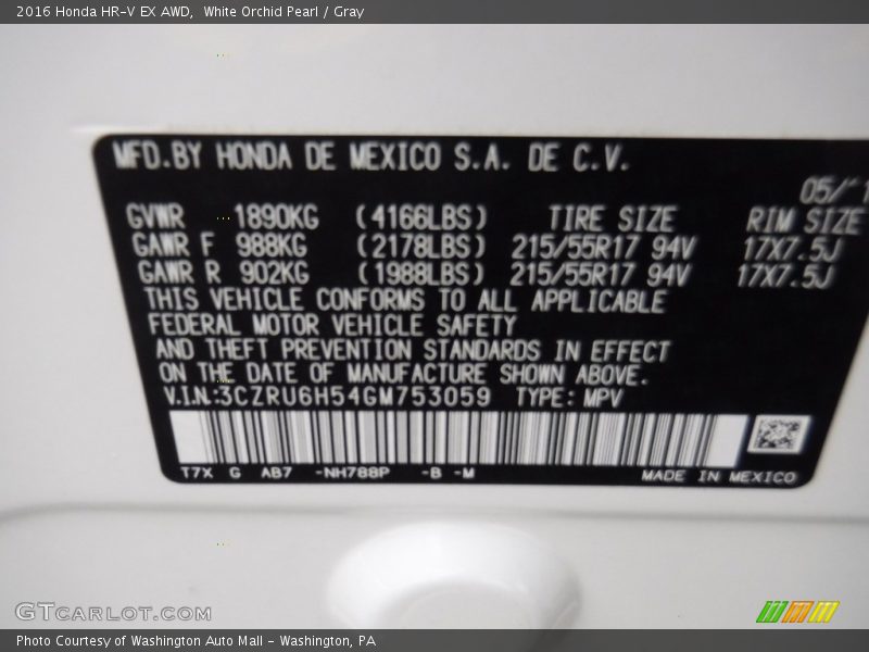 White Orchid Pearl / Gray 2016 Honda HR-V EX AWD