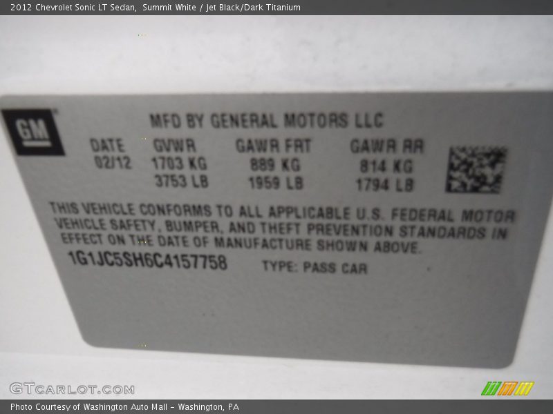 Summit White / Jet Black/Dark Titanium 2012 Chevrolet Sonic LT Sedan
