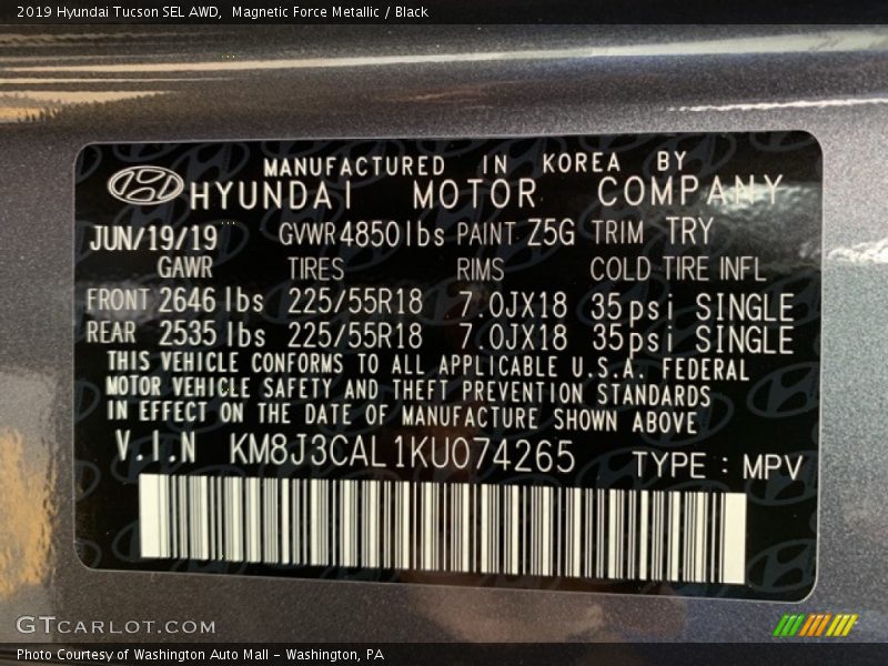 Magnetic Force Metallic / Black 2019 Hyundai Tucson SEL AWD