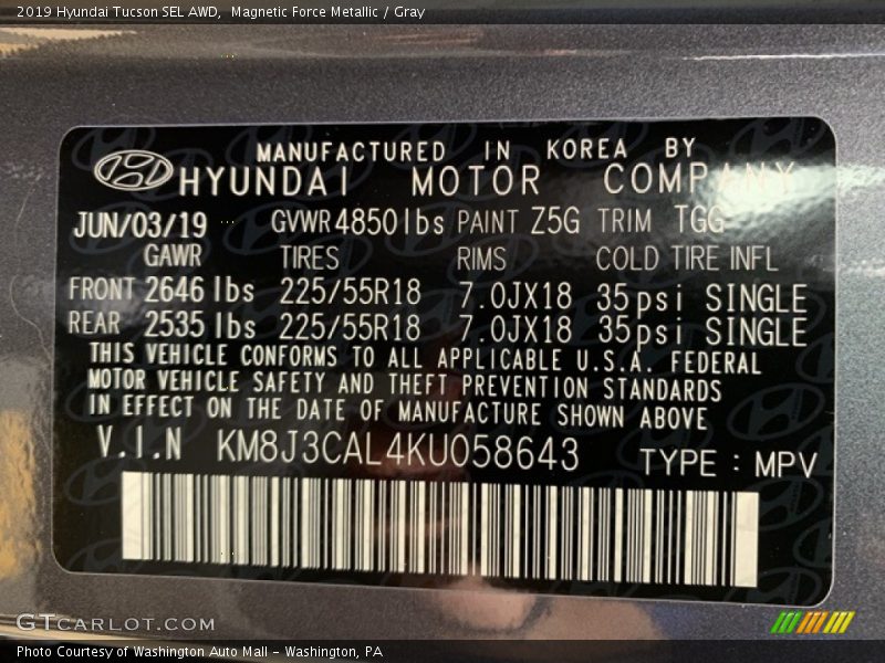 Magnetic Force Metallic / Gray 2019 Hyundai Tucson SEL AWD