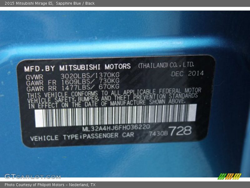 Sapphire Blue / Black 2015 Mitsubishi Mirage ES