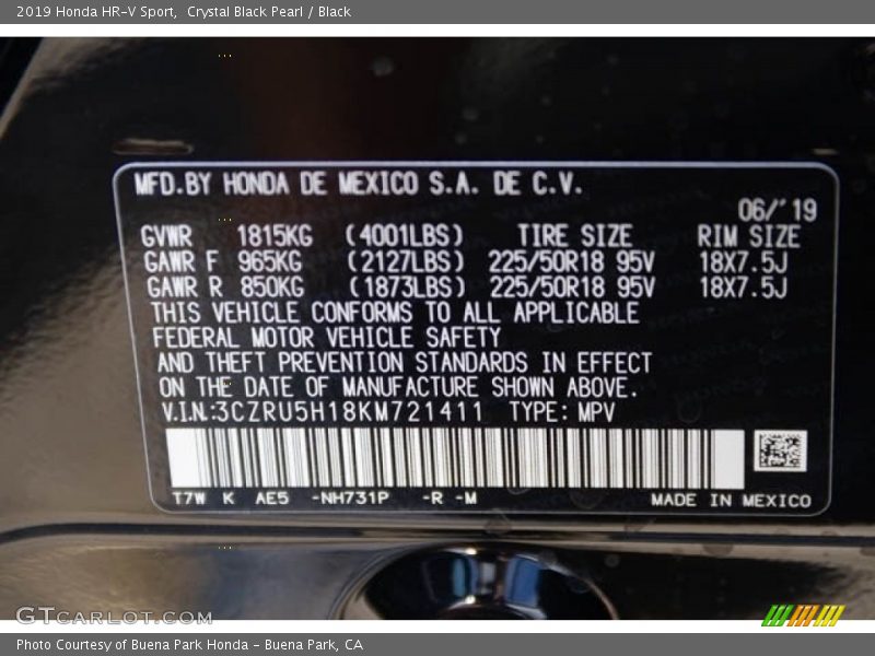 Crystal Black Pearl / Black 2019 Honda HR-V Sport