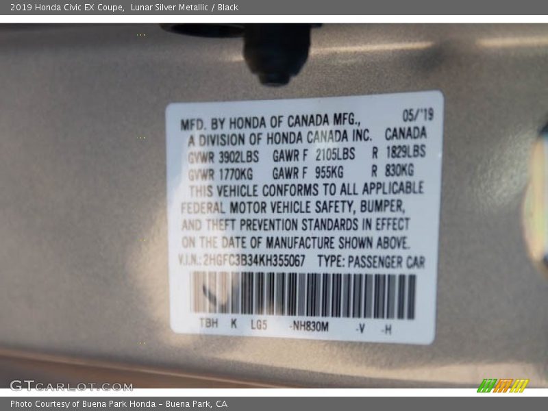 Lunar Silver Metallic / Black 2019 Honda Civic EX Coupe