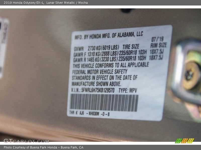 Lunar Silver Metallic / Mocha 2019 Honda Odyssey EX-L