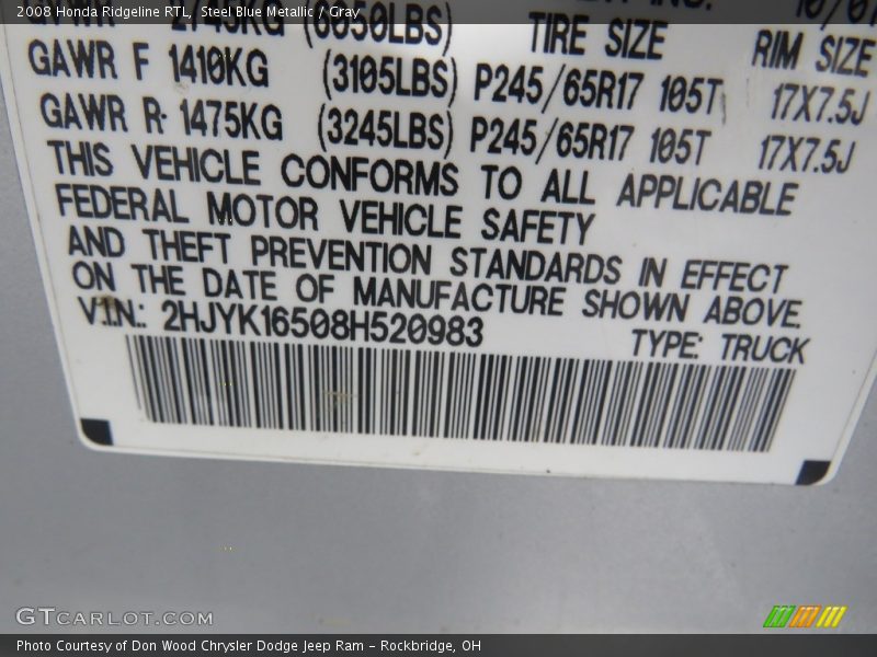Steel Blue Metallic / Gray 2008 Honda Ridgeline RTL