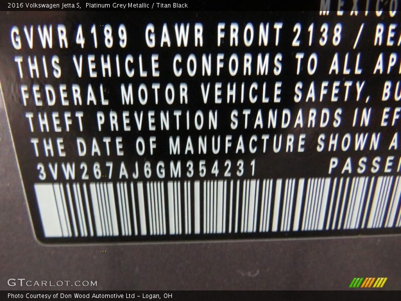 Platinum Grey Metallic / Titan Black 2016 Volkswagen Jetta S