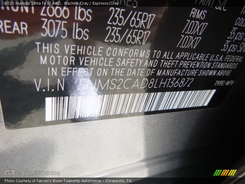 Machine Gray / Espresso/Gray 2020 Hyundai Santa Fe SE AWD