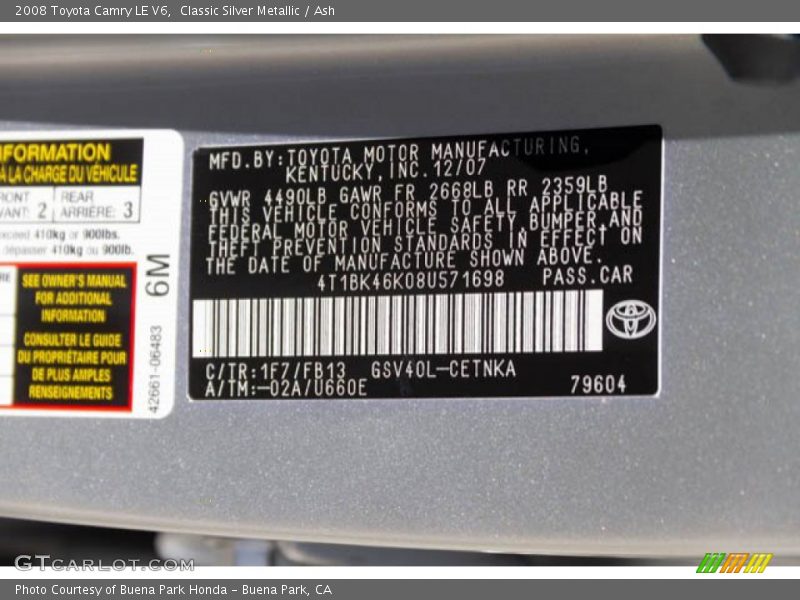 Classic Silver Metallic / Ash 2008 Toyota Camry LE V6